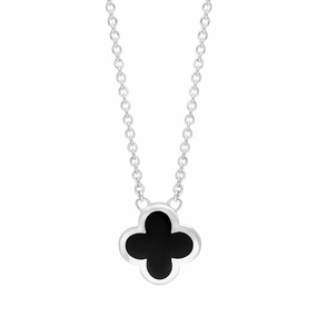 9ct White Gold Whitby Jet Bloom Small Four Leaf Clover Polished Edge Pendant