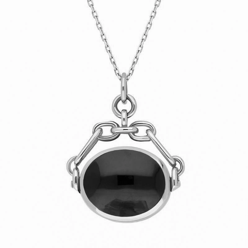 9ct White Gold Whitby Jet Blue John Double Sided Swivel Fob Necklace