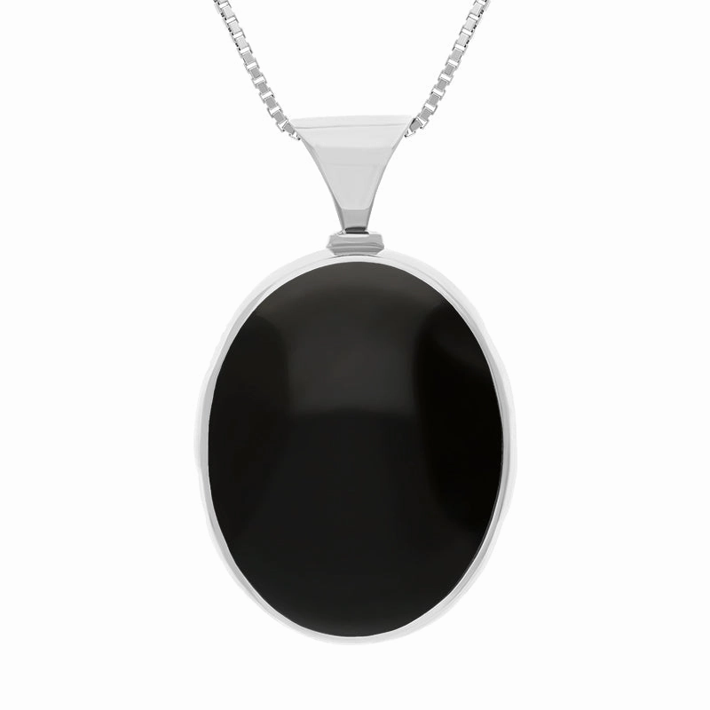 9ct White Gold Whitby Jet Blue John King's Coronation Hallmark Double Sided Oval Necklace D