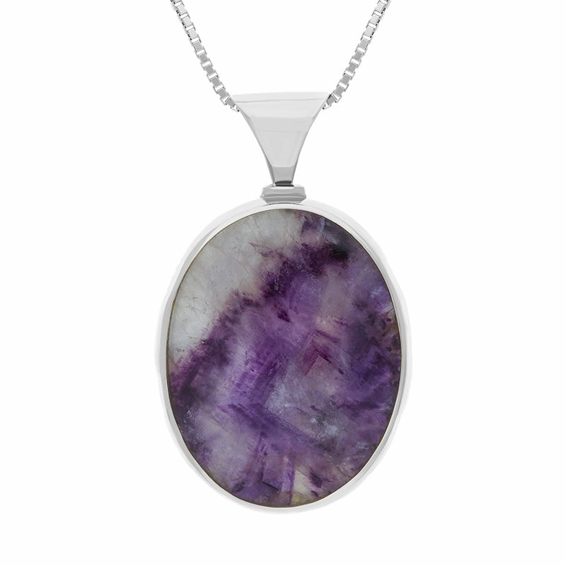 9ct White Gold Whitby Jet Blue John King's Coronation Hallmark Double Sided Oval Necklace D