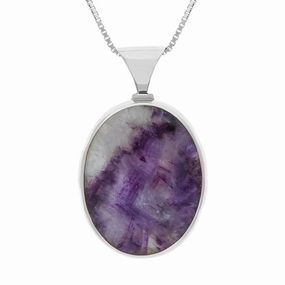 9ct White Gold Whitby Jet Blue John King's Coronation Hallmark Double Sided Oval Necklace D