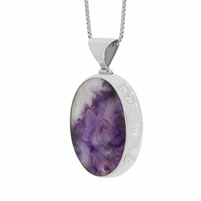 9ct White Gold Whitby Jet Blue John King's Coronation Hallmark Double Sided Oval Necklace D