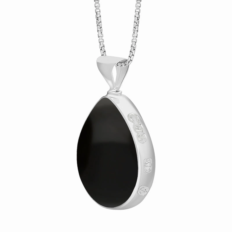 9ct White Gold Whitby Jet Blue John King's Coronation Hallmark Double Sided Pear-shaped Necklace D