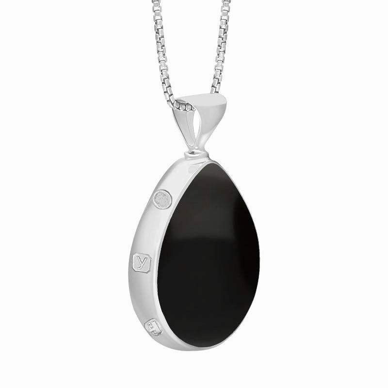 9ct White Gold Whitby Jet Blue John King's Coronation Hallmark Double Sided Pear-shaped Necklace D