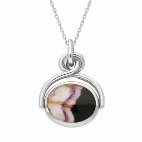 9ct White Gold Whitby Jet Blue John Oval Swivel Fob Necklace