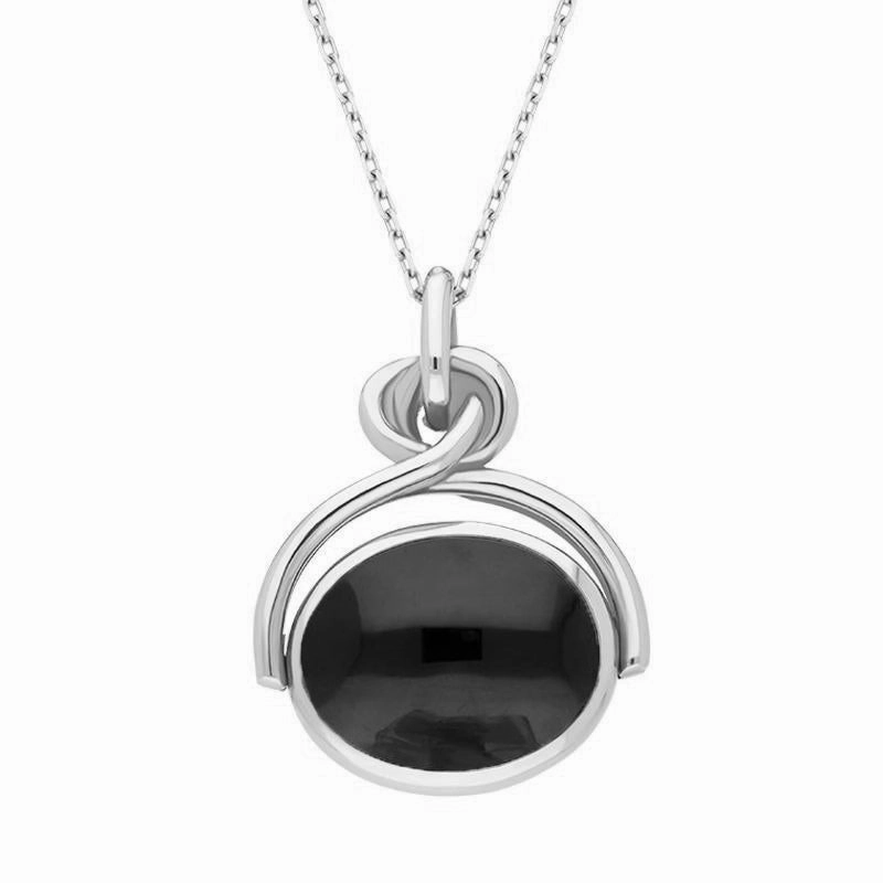 9ct White Gold Whitby Jet Blue John Oval Swivel Fob Necklace