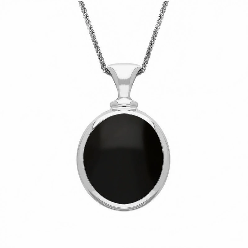 9ct White Gold Whitby Jet Blue John Small Double Sided Oval Fob Necklace
