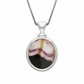 9ct White Gold Whitby Jet Blue John Small Double Sided Oval Fob Necklace