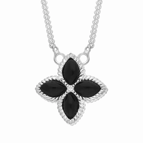 9ct White Gold Whitby Jet Eden Small Marquise Flower Necklace