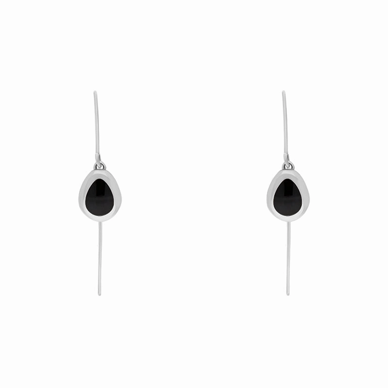 9ct White Gold Whitby Jet Fleur De Lis Disc Drop Earrings