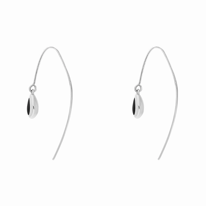 9ct White Gold Whitby Jet Fleur De Lis Disc Drop Earrings
