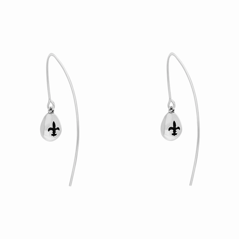 9ct White Gold Whitby Jet Fleur De Lis Disc Drop Earrings