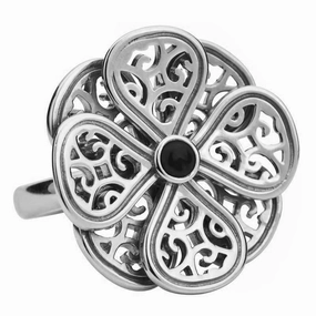 9ct White Gold Whitby Jet Flore Eight Petal Flower Ring
