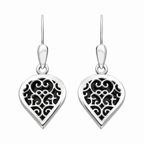 9ct White Gold Whitby Jet Flore Filigree Heart Drop Earrings