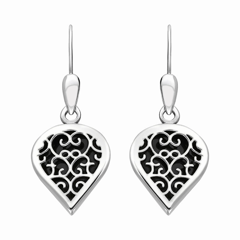 9ct White Gold Whitby Jet Flore Filigree Heart Drop Earrings