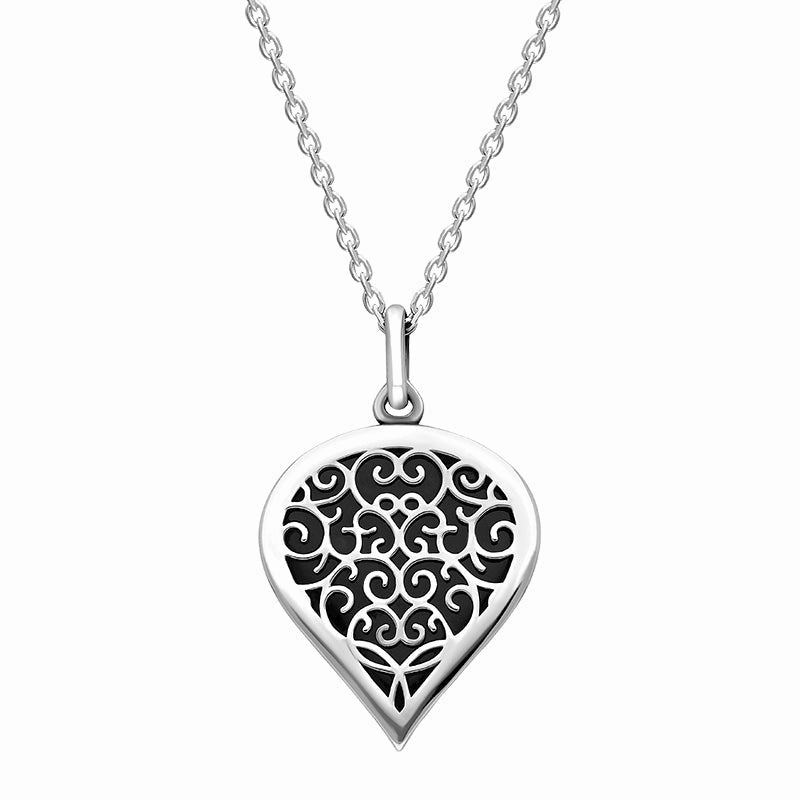 9ct White Gold Whitby Jet Flore Filigree Medium Heart Necklace