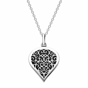 9ct White Gold Whitby Jet Flore Filigree Medium Heart Necklace