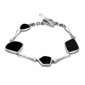 9ct White Gold Whitby Jet Four Stone Organic T Bar Bracelet