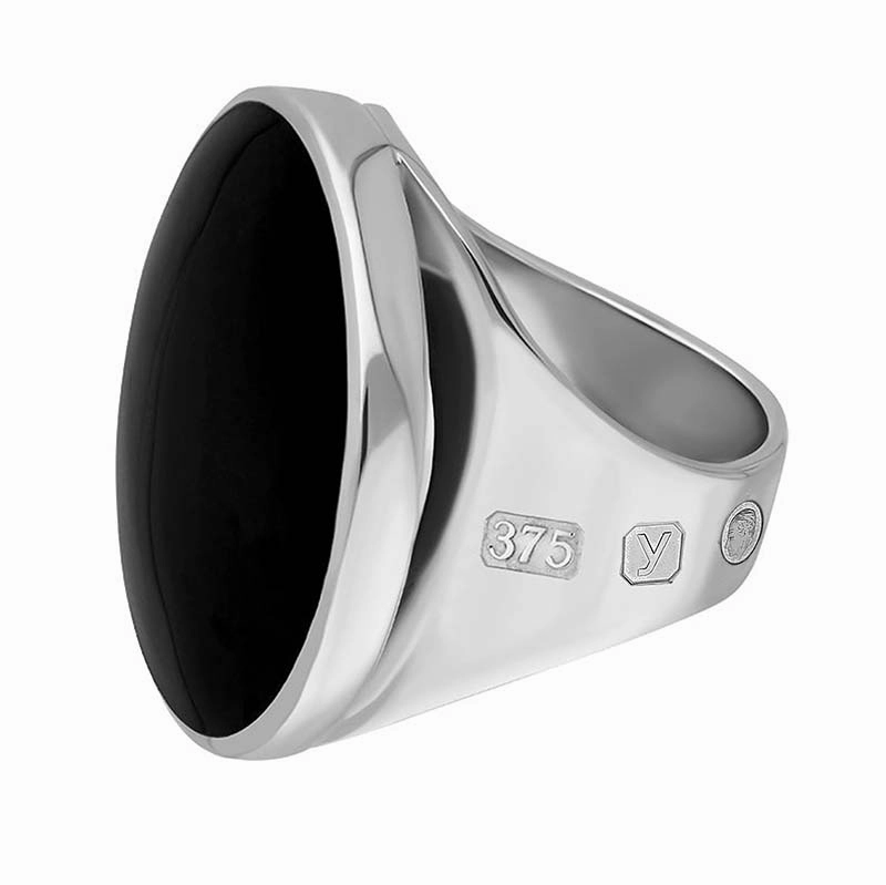 9ct White Gold Whitby Jet King's Coronation Hallmark Medium Round Ring D
