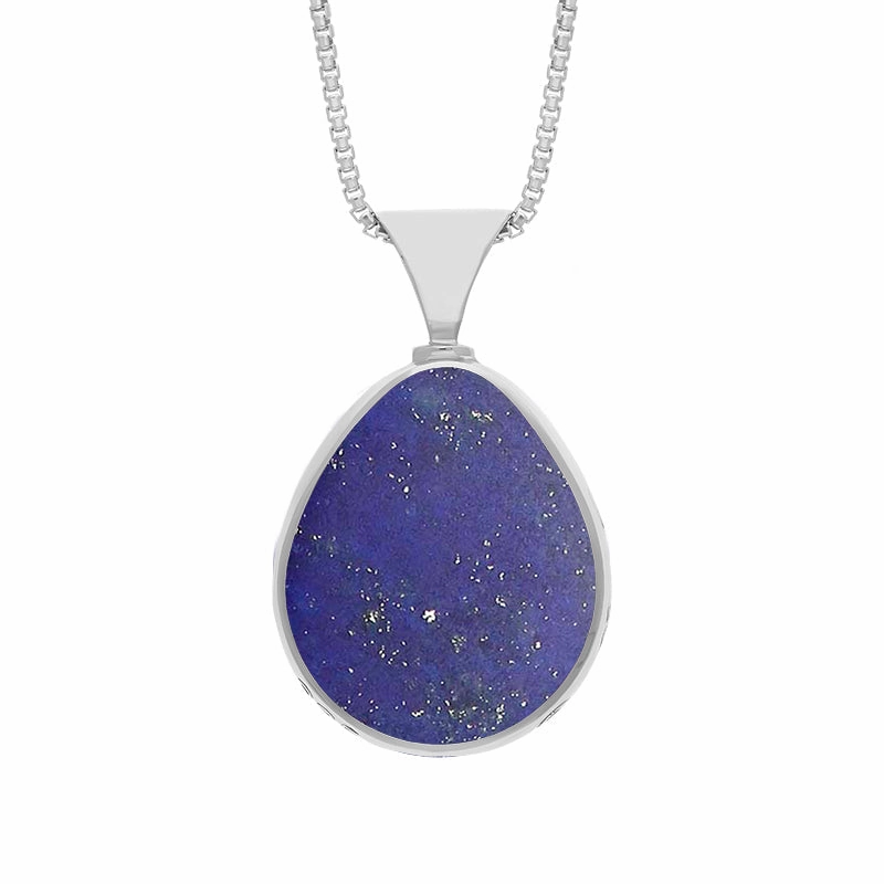 9ct White Gold Whitby Jet Lapis King's Coronation Hallmark Double Sided Pear-shaped Necklace D