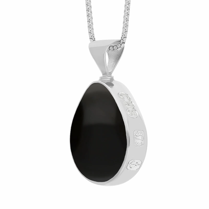 9ct White Gold Whitby Jet Lapis King's Coronation Hallmark Double Sided Pear-shaped Necklace D