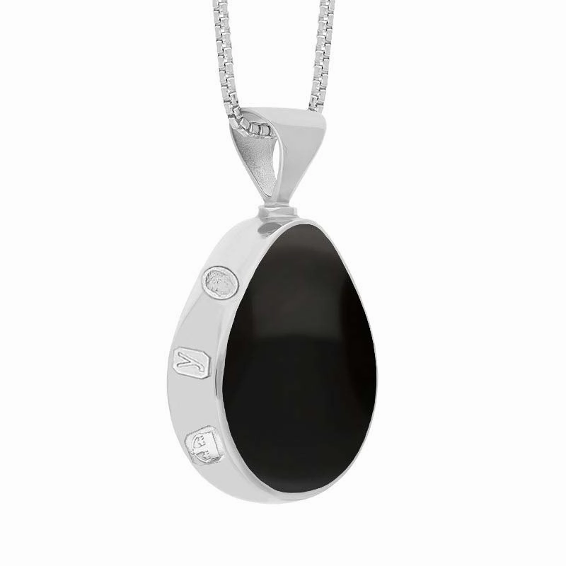 9ct White Gold Whitby Jet Lapis King's Coronation Hallmark Double Sided Pear-shaped Necklace D