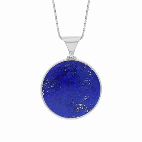 9ct White Gold Whitby Jet Lapis King's Coronation Hallmark Double Sided Round Necklace D