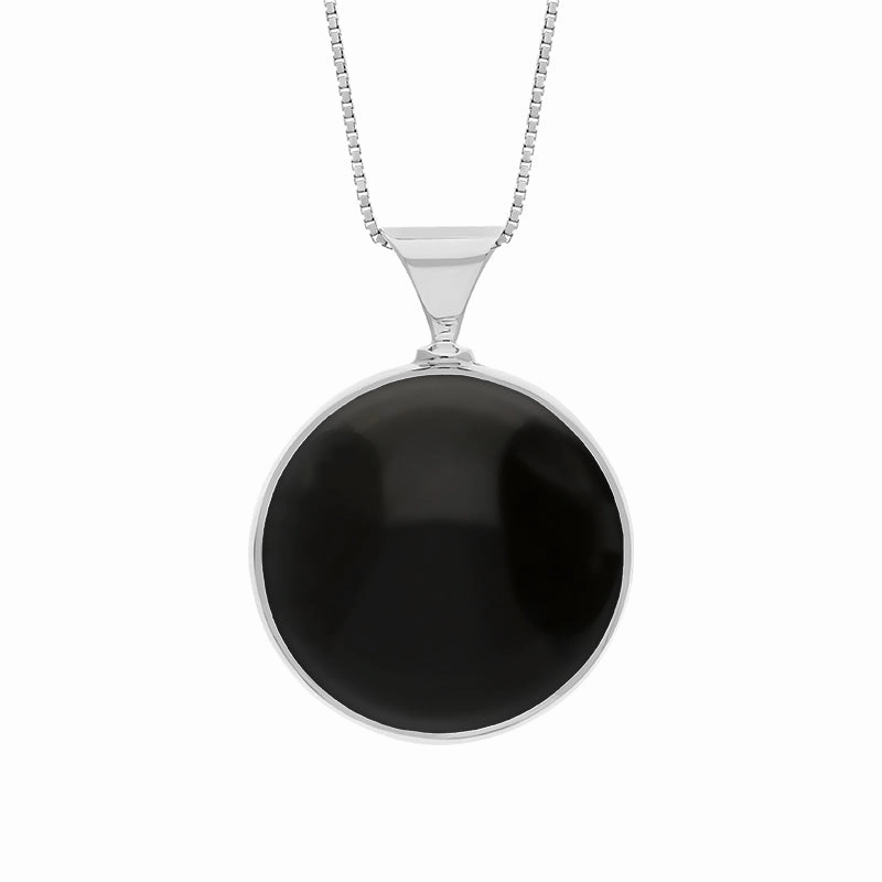 9ct White Gold Whitby Jet Lapis King's Coronation Hallmark Double Sided Round Necklace D