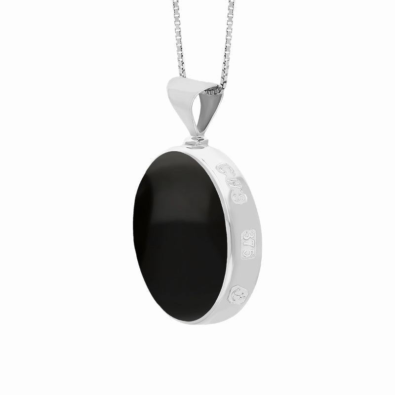 9ct White Gold Whitby Jet Lapis King's Coronation Hallmark Double Sided Round Necklace D