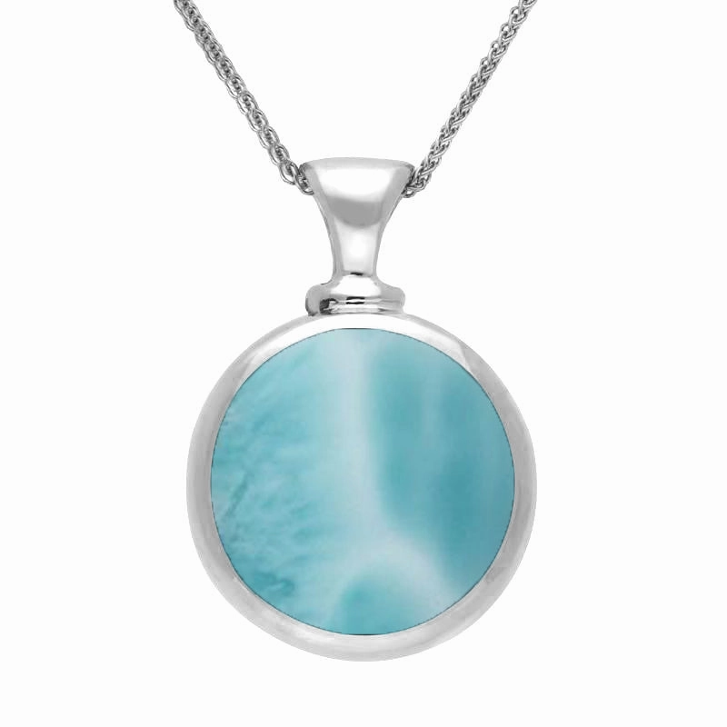 9ct White Gold Whitby Jet Larimar Double Sided Round Dinky Fob Necklace