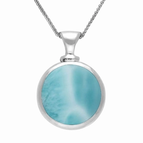 9ct White Gold Whitby Jet Larimar Double Sided Round Dinky Fob Necklace