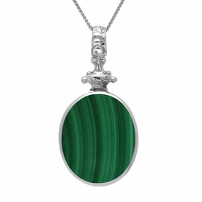 9ct White Gold Whitby Jet Malachite Double Sided Oval Fob Necklace