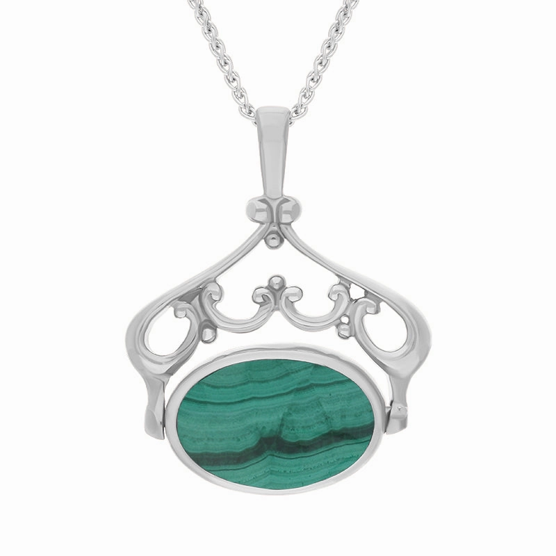 9ct White Gold Whitby Jet Malachite Double Sided Oval Swivel Fob Necklace