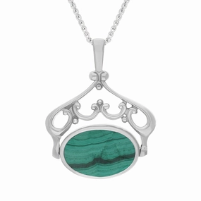 9ct White Gold Whitby Jet Malachite Double Sided Oval Swivel Fob Necklace