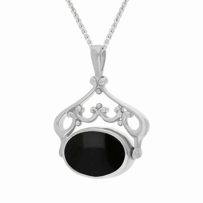9ct White Gold Whitby Jet Malachite Double Sided Oval Swivel Fob Necklace