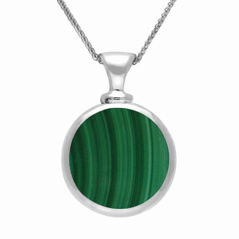 9ct White Gold Whitby Jet Malachite Double Sided Round Dinky Fob Necklace