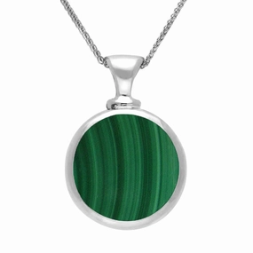 9ct White Gold Whitby Jet Malachite Double Sided Round Dinky Fob Necklace