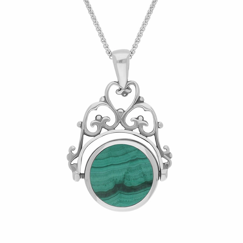 9ct White Gold Whitby Jet Malachite Double Sided Round Swivel Fob Necklace