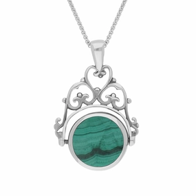 9ct White Gold Whitby Jet Malachite Double Sided Round Swivel Fob Necklace