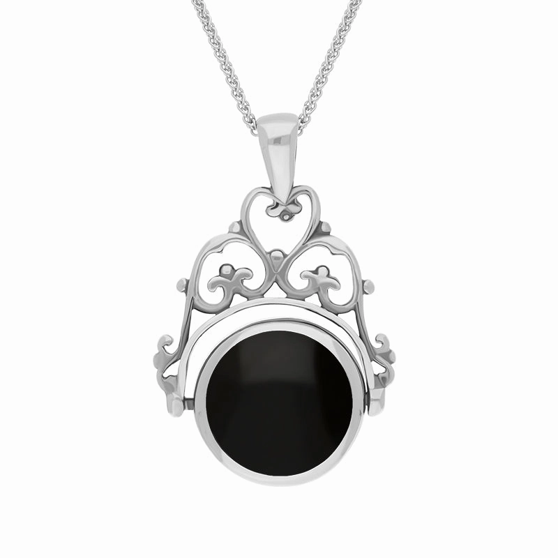 9ct White Gold Whitby Jet Malachite Double Sided Round Swivel Fob Necklace