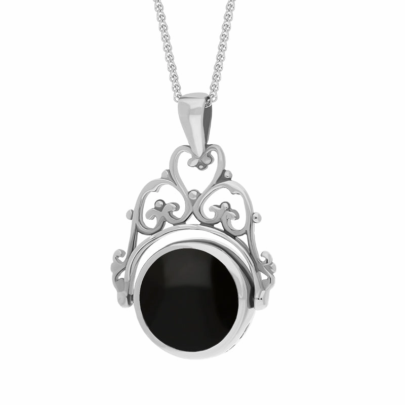 9ct White Gold Whitby Jet Malachite Double Sided Round Swivel Fob Necklace
