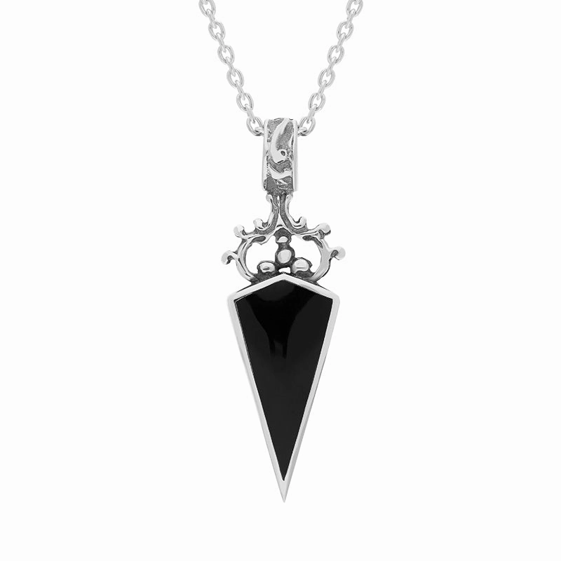 9ct White Gold Whitby Jet Malachite Double Sided Scroll Top Dagger Fob Necklace