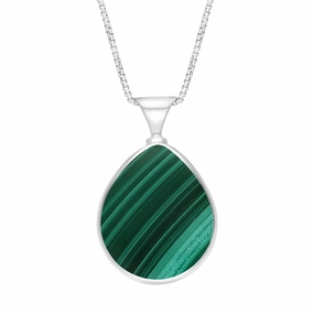 9ct White Gold Whitby Jet Malachite King's Coronation Hallmark Double Sided Pear-shaped Necklace D
