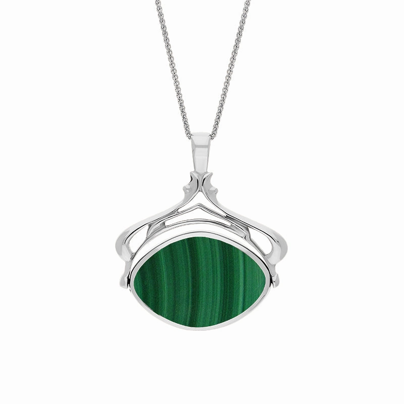 9ct White Gold Whitby Jet Malachite Marquise Swivel Fob Necklace