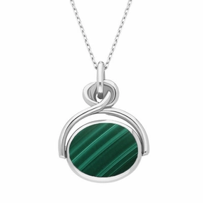9ct White Gold Whitby Jet Malachite Oval Swivel Fob Necklace