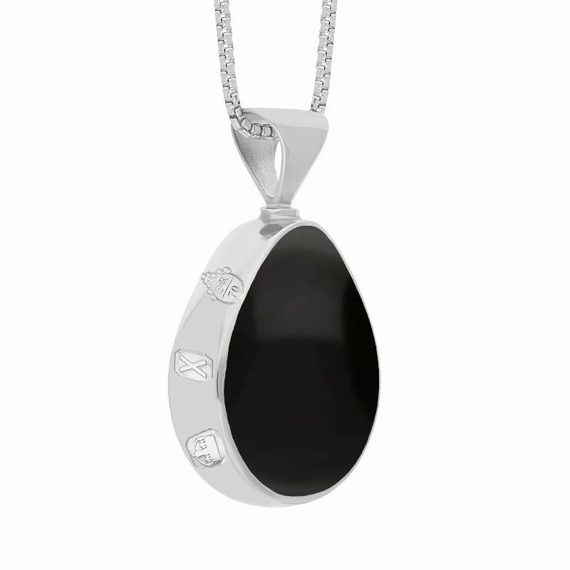 9ct White Gold Whitby Jet Malachite Queens Jubilee Hallmark Double Sided Pear-shaped Necklace D