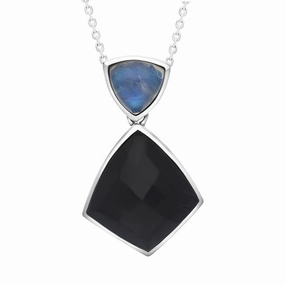 9ct White Gold Whitby Jet Moonstone Faceted Four Sided Drop Necklace D D