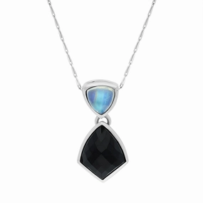 9ct White Gold Whitby Jet Moonstone Faceted Four Sided Drop Necklace D