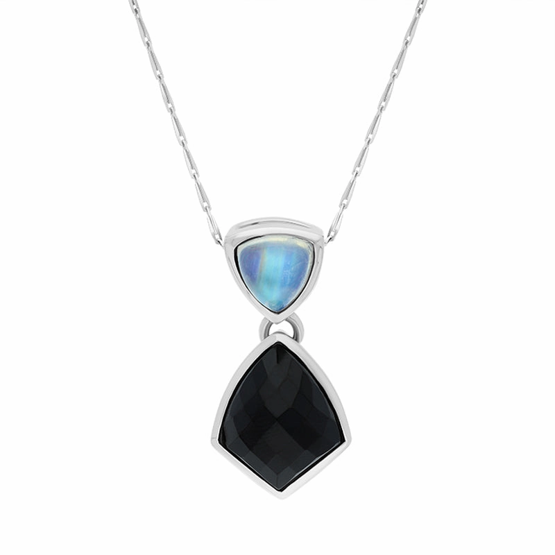 9ct White Gold Whitby Jet Moonstone Faceted Four Sided Drop Necklace D
