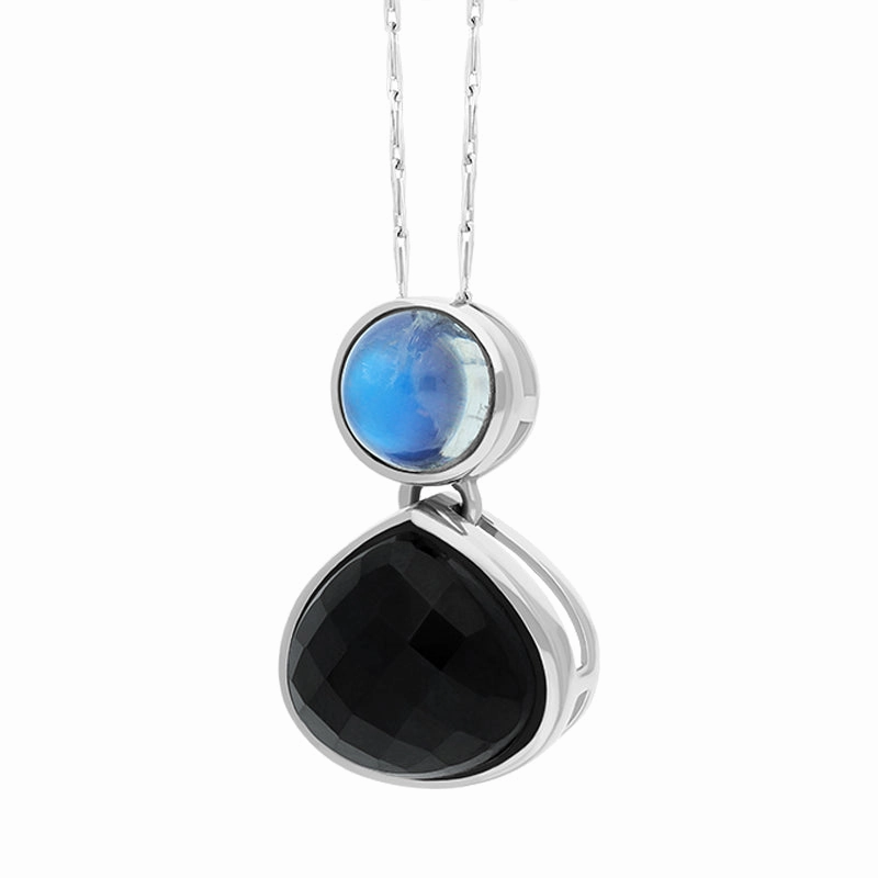 9ct White Gold Whitby Jet Moonstone Faceted Pear Drop Necklace D D